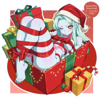 1girl barefoot border box breasts candy candy_cane christmas_lights christmas_ornaments closed_mouth colored_sclera commentary cyberpunk:_edgerunners cyberpunk_(series) english_text food full_body gift gift_box green_eyes green_hair grey_skirt hat highres in_box in_container long_hair looking_at_viewer medium_breasts naked_ribbon neck_tattoo one_eye_closed outline outside_border pink_tattoo rebecca_(cyberpunk) red_background red_hat red_pupils red_ribbon red_sclera ribbon santa_hat skirt solo speech_bubble stomach_tattoo sweat tattoo vizaz white_border white_outline