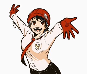 1girl beanie black_hair black_pants farolitodraws gloves hat izumo_fuuko long_sleeves necktie pants red_eyes red_gloves red_necktie shirt short_hair signature simple_background undead_unluck union_emblem_(undead_unluck) upper_body white_background white_shirt