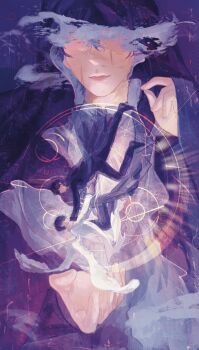 3boys black_coat black_eyes black_hair censored censored_identity cloak coat dual_persona floating fog gears hand_on_another&#039;s_shoulder heterochromia highres hood hood_up hooded_cloak kim_dokja male_focus mini_person miniboy multiple_boys omniscient_reader&#039;s_viewpoint open_clothes open_coat outstretched_hand qeis_room reaching reaching_towards_another scar scar_across_eye scar_on_face secretive_plotter short_hair white_coat yellow_eyes yoo_joonghyuk