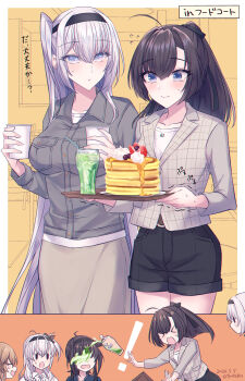 ! >_< 5girls akizuki_(kancolle) black_hair black_shorts blue_eyes blush breasts brown_hair commentary_request cup dated drinking_glass drinking_straw flying_sweatdrops food fruit fuyutsuki_(kancolle) grey_hair grey_jacket grey_shirt hair_between_eyes hatsuzuki_(kancolle) headband highres holding holding_cup holding_tray jacket kabocha_torute kantai_collection large_breasts long_hair long_sleeves multiple_girls multiple_views one_side_up pancake pancake_stack ponytail shirt shorts skirt spilling strawberry strawberry_slice suzutsuki_(kancolle) teruzuki_(kancolle) translation_request tray twitter_username whipped_cream white_shirt