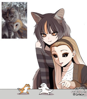 2girls absurdres animal_ear_fluff animal_ears artist_name artist_self-insert bare_shoulders barn_owl bird black_sclera brown_hairband cardigan cat_ears cat_girl cat_tail closed_mouth colored_sclera creature_and_personification fighting fighting_stance gecko gegegekman gradient_hair hair_pulled_back hairband highres long_hair looking_at_another medium_hair multicolored_hair multiple_girls off-shoulder_shirt off_shoulder open_cardigan open_clothes orange_eyes original owl owl_girl personification photo_inset pointing raised_eyebrows shirt simple_background single_hair_streak slit_pupils smile striped_clothes striped_shirt sweater tail twitter_username two-tone_hair white_background