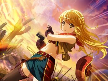 1girl blonde_hair blue_skirt brown_gloves brown_hat brown_thighhighs cactus cowboy_hat dutch_angle floating_hair game_cg gloves gun handgun hat holding holding_gun holding_weapon holster long_hair looking_at_viewer motion_lines navel official_art ootsuki_aruru parted_lips pencil_skirt red_scarf scarf shoujo_kageki_revue_starlight shoujo_kageki_revue_starlight_-re_live- skirt solo standing star_(symbol) star_in_eye stomach symbol_in_eye thigh_holster thighhighs upper_body v-shaped_eyebrows weapon weapon_request yellow_eyes