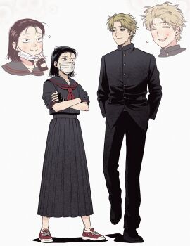 Rule 34 | 1boy, 1girl, :>, = =, absurdres, alternate costume, alternate hairstyle, black eyes, black hair, black jacket, black pants, black serafuku, black shirt, black skirt, blonde hair, blush, closed mouth, crossed arms, delinquent, fingerless gloves, full body, gakuran, gatan666, gloves, hashtag-only commentary, height difference, highres, iwakura mitsumi, jacket, long skirt, mask, mask pull, mouth mask, multiple views, neckerchief, pants, pleated skirt, red neckerchief, sailor collar, sailor shirt, school uniform, serafuku, shima sousuke, shirt, shoes, short hair, skip to loafer, skirt, sneakers, standing, standing on one leg, sukeban, yellow eyes