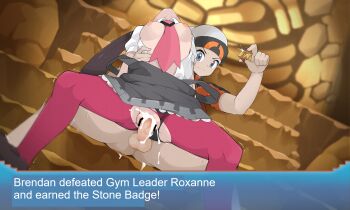 1boy 1girl bar_censor beanie black_panties breasts breasts_out brendan_(pokemon) brown_footwear censored clothes_pull clothing_aside cum cum_in_pussy cum_overflow defeat dress dress_pull glint grey_dress gym_leader hand_on_another&#039;s_waist hat hetero highres holding indoors kim_da-yoon looking_at_viewer medium_breasts nintendo nipples open_clothes open_shirt panties panties_aside pantyhose penis pokemon pokemon_gym pokemon_oras purple_pantyhose roxanne_(pokemon) sex shirt shoes spread_legs stone_badge testicles torn_clothes translated trembling underwear vaginal white_shirt