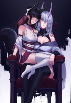2girls animal_ear_fluff animal_ears arm_around_shoulder black_background black_choker black_hair black_thighhighs blunt_bangs blush breasts choker commission dangodes detached_sleeves fox_ears fox_tail hair_over_one_eye highres horns japanese_clothes kawakami_miyuki kawashima_misato kimono long_hair looking_at_viewer medium_breasts multiple_girls nose_blush off_shoulder parted_lips purple_eyes sarashi sidelocks sitting sitting_on_lap sitting_on_person strike_witches_1991 tail thighhighs thighs white_kimono white_thighhighs world_witches_series yuri