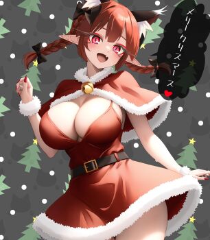 1girl absurdres animal_ear_fluff animal_ears bell belt belt_buckle black_belt black_bow bow braid breasts buckle cat_ears cat_girl christmas christmas_tree commentary_request fingernails hair_bow highres jingle_bell kaenbyou_rin large_breasts long_eyelashes long_hair merry_christmas pointy_ears red_eyes red_hair red_nails sharp_fingernails sugar_you touhou translated