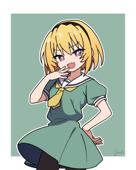 Rule 34 | 1girl, absurdres, ascot, black hairband, blonde hair, dress, fang, garloo, green background, green dress, hairband, hand to own mouth, highres, higurashi no naku koro ni, houjou satoko, inktober, looking at viewer, open mouth, pantyhose, puffy short sleeves, puffy sleeves, purple eyes, sailor collar, sailor dress, school uniform, short hair, short sleeves, signature, skin fang, solo, two-tone background, white background, yellow ascot