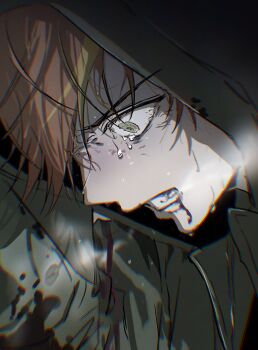 1boy absurdres blood blood_on_face green_eyes highres hood hood_up natsukusa_(hacho129) orange_hair project_sekai shinonome_akito solo surprised tears teeth wide-eyed