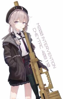 1girl absurdres ahoge beret black_gloves black_hat black_necktie black_skirt bolt_action brown_hair brown_jacket cheyanne_(girls&#039;_frontline_2) cheytac_m200 collared_shirt commentary_request dress_shirt girls&#039;_frontline girls&#039;_frontline_2:_exilium gloves gun hand_in_pocket hat highres ilea_blanche jacket looking_at_viewer m200_(girls&#039;_frontline) messy_hair necktie open_clothes open_jacket open_mouth pleated_skirt purple_eyes purple_necktie rifle shirt simple_background skirt sniper_rifle solo sweatdrop two-tone_necktie weapon weapon_name white_background white_shirt