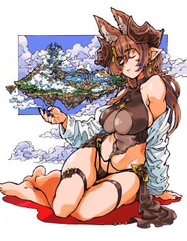 1girl bikini black_bikini blue_nails breasts brown_horns cleavage closed_eyes extra_ears floating_island galleon_(granblue_fantasy) galleon_(summer)_(granblue_fantasy) giant giantess granblue_fantasy hair_between_eyes highres horns koji_aotokage long_hair_between_eyes multicolored_hair nail_polish official_alternate_costume pointy_ears see-through_cleavage see-through_clothes sitting sky smile solo streaked_hair swimsuit thigh_strap