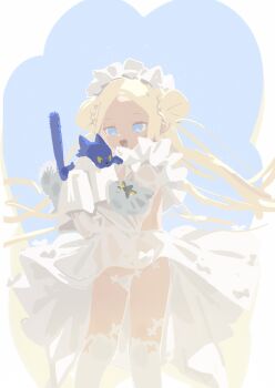 1girl abigail_williams_(fate) absurdres alternate_costume animal blonde_hair blue_background blue_eyes braid bun_with_braided_base cat clothes_lift double_bun dress fate/grand_order fate_(series) feet_out_of_frame floating_hair forehead frilled_dress frilled_hairband frilled_sleeves frills hair_bun hairband highres holding holding_animal holding_cat loli long_hair looking_at_animal luthar_(fate) nemo_(leafnight) nosh_(fate) over-kneehighs panties parted_bangs see-through_clothes see-through_dress see-through_sleeves simple_background skirt skirt_lift sleeves_past_fingers sleeves_past_wrists smile solo standing thighhighs underwear very_long_hair white_dress white_hairband white_panties white_thighhighs wind wind_lift