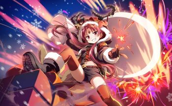 1girl antlers armband artist_request belt belt_buckle belted_jacket black_belt black_boots black_gloves black_jacket black_shorts blue_sky boots bow brown_belt buckle carrying_over_shoulder christmas cropped_shirt cross-laced_clothes cross-laced_top denim denim_shorts dot_nose explosion fake_antlers fang fire fireworks foot_out_of_frame forehead_jewel fur-trimmed_boots fur-trimmed_hood fur-trimmed_jacket fur_trim game_cg gem gift gloves gold_buckle grin hair_over_shoulder highres holding holding_sack hood hood_up hooded_jacket horn_bow horn_ornament horn_ribbon horns jacket light_blush long_hair long_sleeves looking_at_viewer low_twintails mahou_shoujo_madoka_magica mahou_shoujo_madoka_magica_magia_exedra midriff navel night official_alternate_costume official_art open_clothes open_jacket outline oversized_object parted_bangs pocket puffy_long_sleeves puffy_sleeves pyrokinesis red_armband red_bow red_eyes red_gemstone red_hair red_outline red_ribbon red_shirt red_thighhighs reindeer_antlers ribbon sack sakura_kyoko sakura_kyoko_(yuletide_gift) shirt short_shorts shorts sky smile smoke snapping_fingers snowflakes snowing studded_belt thighhighs tsurime twintails uneven_footing v-shaped_eyebrows