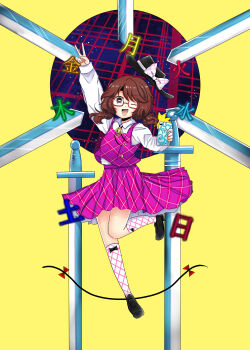 absurdres bow brown_hair cellphone dream_world_(touhou) fedora gap_(touhou) glasses hat highres kneehighs kuronon loafers phone pillar plaid_bow plaid_clothes plaid_skirt plaid_socks plaid_vest power_connection purple_skirt purple_vest quimbaya_airplane runes shoes skirt smartphone smartphone_case socks touhou translated undershirt usami_sumireko vest violet_detector yellow_background