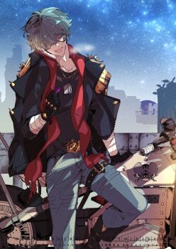 1boy bandaged_arm bandages black_gloves black_jacket black_shirt blue_pants candy cellphone closed_eyes collarbone commentary_request dog_tags food gloves green_hair holding holding_candy holding_food holding_lollipop jacket jacket_on_shoulders leaning_against_motorcycle lighter_(zenless_zone_zero) lollipop male_focus motor_vehicle motorcycle nanawo open_mouth outdoors pants phone red_scarf scarf screen_light shirt short_hair shoulder_spikes sky smartphone solo spiked_jacket spikes star_(sky) starry_sky sunglasses zenless_zone_zero