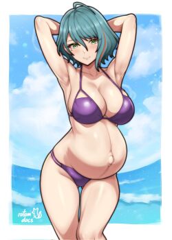 1girl ahoge armpits arms_behind_head arms_up artist_name big_belly bikini blue_sky border breasts closed_mouth cloud cloudy_sky commentary commission dead_or_alive dead_or_alive_xtreme dead_or_alive_xtreme_venus_vacation english_commentary feet_out_of_frame gluteal_fold green_eyes green_hair highres large_breasts light_blush looking_at_viewer mole mole_under_eye multicolored_hair navel ocean orange_hair outie_navel outside_border pregnant purple_bikini rotomdocs short_hair sky smile solo standing streaked_hair swimsuit tamaki_(doa) water white_border