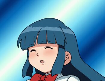 1girl animated animated_gif blue_background blue_hair blush bow bowtie breasts closed_eyes collarbone disappearing_clothes floating large_breasts long_hair long_sleeves magical_girl navel nipples nude open_mouth original panties pussy red_bow red_bowtie shirt standing topless_female transformation underwear white_panties white_shirt yume_yoroi