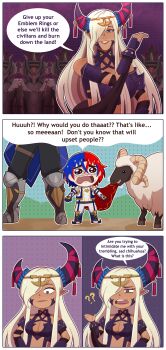 1girl 2boys absurdres male_alear_(fire_emblem) breasts chibi cleavage comic corrupted_(fire_emblem) dark_skin english_text fire_emblem fire_emblem_engage goat hair_ornament highres horns jewelry lipstick long_hair makeup medium_breasts multiple_boys nintendo pointy_ears size_difference tagme terrifiedmouse vander_(fire_emblem) zephia_(fire_emblem)