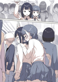 1futa 1girl absurdres ayanakitori bad_source bag blush breasts bulge chikan collared_shirt dress_shirt erection erection_under_clothes futa_with_female futanari greyscale grinding heavy_breathing highres long_hair medium_breasts molestation monochrome motion_lines open_mouth original pleated_skirt poking_with_penis school school_bag school_uniform shirt shirt_tucked_in short_hair skirt steaming_body sweatdrop textless_version train_interior twintails