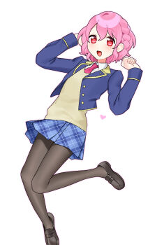 1boy :d absurdres arms_up braid brown_pantyhose commentary full_body heart highres inushimaya loafers necktie open_mouth pantyhose paprika_private_academy_school_uniform pink_hair plaid_clothes plaid_skirt pleated_skirt pretty_series pripara red_eyes reona_west school_uniform shirt shoes short_hair side_braid skirt smile solo trap white_shirt