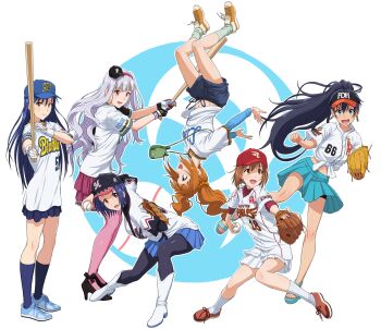 6+girls :d anklet arms_up baseball_bat baseball_cap baseball_glove baseball_uniform bike_shorts black_footwear black_hair black_shorts black_skirt black_socks blue_eyes blue_footwear blue_hair blue_headwear blue_shorts blue_skirt blue_sleeves blue_socks brown_eyes brown_hair chiba_lotte_marines dress_shirt earrings floating_hair fukuoka_daei_hawks full_body ganaha_hibiki gloves green_hair green_legwear hair_between_eyes hair_ornament hairband hat high_heels high_ponytail highres hokkaido_nippon-ham_fighters holding idolmaster idolmaster_(classic) jewelry kinetsu_buffaloes kisaragi_chihaya kneehighs layered_skirt layered_sleeves long_hair long_sleeves looking_at_viewer midriff miniskirt miura_azusa multiple_girls navel nigou nippon_professional_baseball open_mouth orix_blue_wave orix_buffaloes pencil_skirt pink_legwear pleated_skirt ponytail pump pumps purple_skirt red_eyes red_hairband red_sleeves saitama_seibu_lions sandals shijou_takane shiny_skin shirt shoes short_hair short_over_long_sleeves short_shorts short_sleeves shorts silver_hair skirt smile sneakers socks sportswear standing stomach suzuki_ichirou takatsuki_yayoi thighhighs tied_shirt touhoku_rakuten_golden_eagles twintails upside-down very_long_hair white_gloves white_shirt yellow_shoes zettai_ryouiki