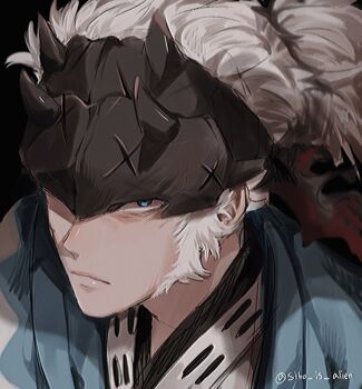 1boy blue_eyes closed_mouth commentary_request fate/grand_order fate_(series) forehead_protector grey_hair highres japanese_clothes long_sideburns male_focus nagakura_shinpachi_(fate) ponytail portrait sideburns siho_is_alien solo twitter_username