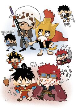 3boys anger_vein black_hair chibi chonmage coat commentary denim earrings eustass_kid facial_hair fake_facial_hair fake_mustache fighting food gangan233 goatee goggles goggles_on_head hand_on_own_hip helmet highres holding holding_sword holding_weapon japanese_clothes jeans jewelry kimono male_focus meat mechanical_arms monkey_d._luffy multiple_boys one_piece pants red_hair red_kimono sandals sash scar scar_on_face short_hair single_mechanical_arm smile sword teeth topknot trafalgar_law upper_teeth_only weapon yellow_sash