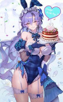 1girl alternate_costume bare_shoulders blue_flower blue_gloves blue_leotard breasts cake cantarella_(wuthering_waves) commentary cowboy_shot deepmaru english_commentary facial_mark flower food gloves hair_between_eyes hair_flower hair_ornament happy_birthday headdress highres large_breasts leotard long_hair looking_at_viewer mark_under_eye mole mole_under_eye parted_lips playboy_bunny purple_hair smile solo thighs very_long_hair wuthering_waves