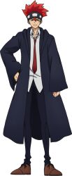 Rule 34 | 1boy, black robe, brown footwear, collared shirt, daut barret, facial mark, full body, headband, highres, long sleeves, male focus, mashle, necktie, official art, red hair, red necktie, robe, shirt, short hair, smile, solo, spiked hair, tachi-e