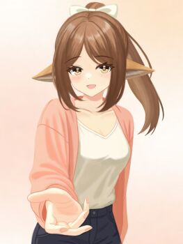 1girl :d alternate_costume animal_ears arknights black_pants blush bow breasts brown_background brown_hair casual commentary_request fox_ears fox_girl hair_bow highres jacket long_hair looking_at_viewer open_clothes open_jacket open_mouth pants perfumer_(arknights) pink_jacket ponytail shirt shirt_tucked_in simple_background small_breasts smile solo turbidpeachzz upper_body white_bow white_shirt yellow_eyes