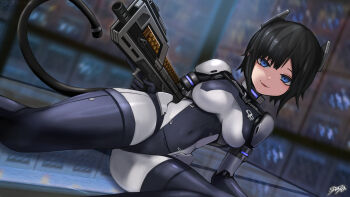 1girl animal_ears black_bodysuit black_hair blue_eyes blurry blurry_background bodysuit breasts bullpup cable cable_tail cat_ears commentary_request covered_navel grey_bodysuit gun highres holding holding_gun holding_weapon large_breasts leaning_to_the_side looking_at_viewer mechanical_arms mechanical_ears mechanical_tail multicolored_bodysuit original p90 parted_lips reclining short_hair signature skin_tight solo submachine_gun sunao_(70_the) tail trigger_discipline two-tone_bodysuit weapon