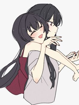 Rule 34 | 2girls, absurdres, black hair, blush, cellphone, closed eyes, commentary, hashtag-only commentary, highres, holding, holding phone, hug, hug from behind, koto satsuki, koto satsuki's mother, long hair, mother and daughter, multiple girls, open mouth, phone, purple background, purple shirt, red eyes, red tank top, shinano1009, shirt, simple background, smartphone, smile, tank top, watashi ga koibito ni nareru wake naijan murimuri!