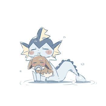 animal_focus blue_fur blush brown_fur cetacean_tail closed_eyes closed_mouth eevee fins fish fish_in_mouth fish_tail full_body gen_1_pokemon head_fins highres holding nintendo no_humans pokemon pokemon_(creature) pokemon_focus ramuawa simple_background tail vaporeon white_background