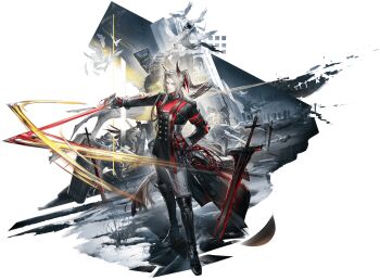 1boy animal_ear_fluff animal_ears arknights arknights:_endfield bird bird_ears black_boots black_coat black_gloves boots coat full_body gloves grey_eyes grey_hair grey_pants highres holding holding_sword holding_weapon jacket knee_boots liduke long_hair looking_at_viewer multiple_others multiple_swords official_art open_clothes open_coat pants planted planted_sword planted_weapon pogranichnik_(arknights) ponytail shirt simple_background standing sword tail weapon white_background