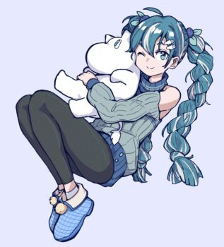 1girl black_pants blue_eyes blue_footwear blue_hair braid clothing_cutout finnish_miku_(doodlelotl) food-themed_hair_ornament fruit_hair_ornament full_body grimwuah hair_ornament hairclip hatsune_miku knees_up long_hair long_sleeves moomin moomintroll multicolored_hair one_eye_closed pants purple_background shoulder_cutout simple_background solo streaked_hair twin_braids very_long_hair vocaloid worldwide_miku