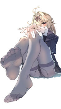 1girl absurdres antenna_hair black_shirt commentary full_body hair_intakes hair_ribbon hands_on_own_knees highres hua_(yijing) knees_up long_hair looking_at_viewer meitantei_precure! moria_luluka no_shoes panties panties_under_pantyhose pantyhose pantyshot precure ribbon shirt sitting solo thighband_pantyhose toes underwear white_background