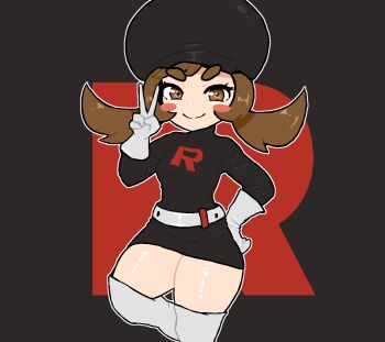 1girl belt black_background black_hat blush_stickers brown_hair calamity33 closed_mouth female_focus gloves hat lyra_(pokemon) medium_hair pokemon pokemon_hgss smile solo team_rocket team_rocket_uniform thick_eyebrows thighhighs thighs v white_gloves white_thighhighs zettai_ryouiki