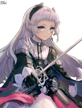 arknights artist_name black_gloves closed_mouth cowboy_shot eyelashes flat_chest gloves grey_eyes gun handgun highres holding holding_sword holding_weapon irene_(arknights) jelly_rabi long_hair rapier simple_background solo sword weapon white_background white_hair
