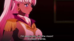 1girl animated anime_screenshot blue_eyes bouncing_breasts breasts catherine_sabathra cleavage code_geass code_geass:_dakkan_no_roze crop_top dark-skinned_female dark_skin earrings highres hoop_earrings jewelry large_breasts lips pauldrons pink_hair shoulder_armor sideboob sound subtitled tagme twintails upper_body video walking