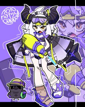 1girl absurdres bisyo0408wksk breasts brown_eyes crow_(la+_darknesss) demon_girl demon_horns grey_hair gun highres holding holding_gun holding_water_gun holding_weapon hololive holonatsu_paradise horns la+_darknesss purple_background purple_sandals sandals small_breasts solo swimsuit thighs virtual_youtuber water_gun weapon