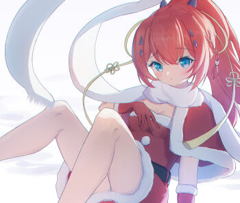 Rule 34 | 1girl, alternate costume, aqua eyes, arm support, belt, black belt, blunt bangs, blush, braid, breasts, christmas, cleavage, closed mouth, commentary, double-parted bangs, dress, fake horns, feet out of frame, floating clothes, floating scarf, fringe trim, frown, fur-trimmed dress, fur-trimmed gloves, fur trim, gloves, hair between eyes, hair ornament, hairclip, hand up, highres, horns, kamiyama shiki, knees up, long hair, looking at viewer, panties, pom pom (clothes), ponytail, red gloves, red hair, santa costume, santa dress, scarf, shiki hamaguri, shirt, short dress, simple background, single braid, sitting, small breasts, solo, summer pockets, tassel, tassel hair ornament, underwear, very long hair, white background, white panties, white scarf, winter