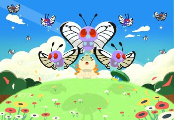 antennae beak blue_sky bug butterfly butterfree closed_eyes closed_mouth cyndaquil day fangs flower flying gen_1_pokemon gen_2_pokemon gen_3_pokemon grass highres iltuki insect insect_wings lotad nintendo no_humans open_mouth outdoors pokemon pokemon_(creature) pokemon_focus sky tree wings