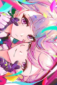 1boy 1girl absurdres black_gloves blush brown_hair commentary_request confetti expressionless finger_heart genshin_impact gloves highres looking_at_viewer lynette_(genshin_impact) lyney_(genshin_impact) one_eye_closed pink_eyes siblings smile tamadon_(tamadonoekaki) teeth twins