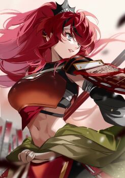 1girl abs alternate_costume armor banner belt black_hair black_shirt black_sleeves blurry blurry_background breasts cleavage commentary_request cowboy_shot detached_sleeves eyelashes eyeshadow grey_eyes grin hair_ornament hair_over_one_eye japanese_armor lain_paterson large_breasts lips long_bangs long_hair looking_to_the_side makeup multicolored_hair muneate navel nijisanji nobori osushi_kome pink_lips ponytail red_armor red_eyeshadow red_hair shirt shoulder_armor sidelocks sleeveless sleeveless_shirt smile sode solo spiked_ear_piercing stomach streaked_hair toned toned_female turning_head two-tone_hair very_long_hair virtual_youtuber warrior white_belt