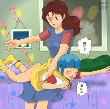 2girls age_difference animated animated_gif ass bed blue_hair breasts brown_hair butt_crack closed_eyes creamy_mami jiggle loli morisawa_yuu mother_and_daughter multiple_girls natsume_morisawa panties panty_pull punishment sijix socks spanked spanking tears underwear