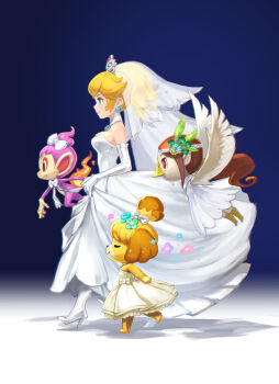 4girls alternate_color animal_crossing bare_shoulders beak blonde_hair blue_eyes bow breasts bridal_veil chimchar closed_eyes commentary_request company_connection crossover crown dog dress earrings elbow_gloves fire flower flying from_side full_body gem gen_4_pokemon gloves hair_flower hair_ornament high_heels isabelle_(animal_crossing) jewelry mario_(series) medli mini_crown monkey multiple_girls muuten nintendo pokemon pokemon_(creature) pokemon_dppt ponytail princess_peach princess_peach_(wedding) red_eyes shiny_pokemon smile strapless strapless_dress super_mario_odyssey the_legend_of_zelda the_legend_of_zelda:_the_wind_waker veil walking wedding_dress white_dress wings