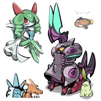 Rule 34 | blue skin, charizard, chikorita, colored sclera, colored skin, crossed legs, drill hair, gen 1 pokemon, gen 2 pokemon, gen 3 pokemon, gen 5 pokemon, green hair, green skin, gyarados, horns, kirlia, long hair, mega scolipede, multicolored skin, nintendo, orange skin, pink eyes, pokemon, pokemon (creature), scolipede, simple background, stunfisk, tirarizun, twin drills, two-tone skin, white background, white skin, yellow sclera