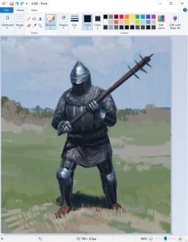 Rule 34 | 1other, armor, art program in frame, baseball bat, capelet, christian young, commentary, covered face, day, full body, helmet, holding, holding baseball bat, microsoft paint (medium), microsoft paint (software), original, other focus, outdoors, screencap, skirt, solo, standing, symbol-only commentary