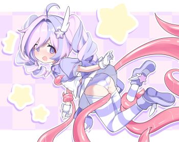 1girl :d @_@ ahoge ass blue_archive bow bowtie cameltoe clothes_pull dress drill_hair facing_to_the_side full_body gloves hair_ornament highres juliet_sleeves long_sleeves looking_at_viewer monomogi multicolored_hair open_mouth panties pantyhose pantyhose_pull pink_hair puffy_sleeves purple_bow purple_bowtie purple_eyes reisa_(blue_archive) reisa_(magical)_(blue_archive) shoes smile solo star_(symbol) star_hair_ornament tentacles thighs twintails two-tone_hair underwear wing_hair_ornament