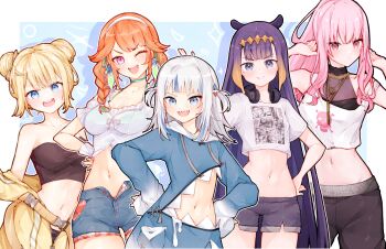 absurdres blonde_hair blue_eyes blunt_bangs braid double_bun earrings gawr_gura hair_bun hair_ornament headphones highres hololive hololive_english holomyth jewelry long_hair ma_draws mori_calliope mori_calliope_(streetwear) multicolored_hair multiple_girls navel ninomae_ina&#039;nis ninomae_ina&#039;nis_(loungewear) official_alternate_costume open_mouth orange_hair purple_eyes purple_hair shirt short_hair short_shorts short_sleeves shorts strapless t-shirt takanashi_kiara takanashi_kiara_(casual) tube_top virtual_youtuber watson_amelia watson_amelia_(astronaut) white_shirt