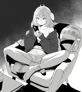 1girl ahoge casual cellphone collarbone couch drink greyscale grin headphones highres holding holding_phone indian_style kangsog long_hair looking_at_phone monochrome on_couch phone shorts single_off_shoulder sitting smartphone smile socks solo table tank_top ukinami_yuzuha zenless_zone_zero